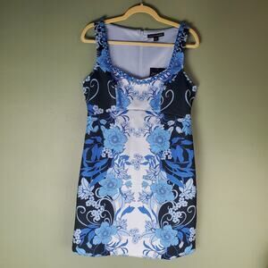 Boston Proper Women's Blue Floral Sleeveless Embellished Sheath Dress Sizes 12